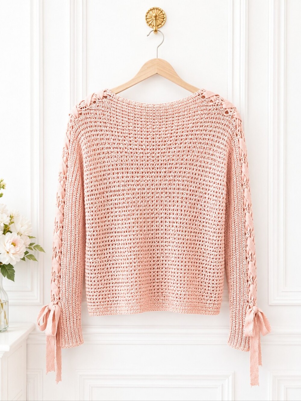 Rewind Pink Open Knit Sweater Size Small Lace-Up Sleeve Lightweight Cottagecore - Picture 7 of 10